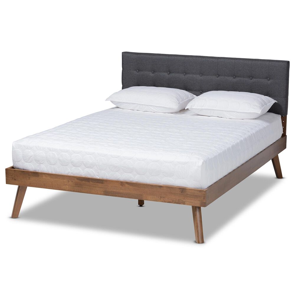 Baxton Studio Devan Queen Platform Bed with Dark Grey Fabric in Walnut Brown, , large