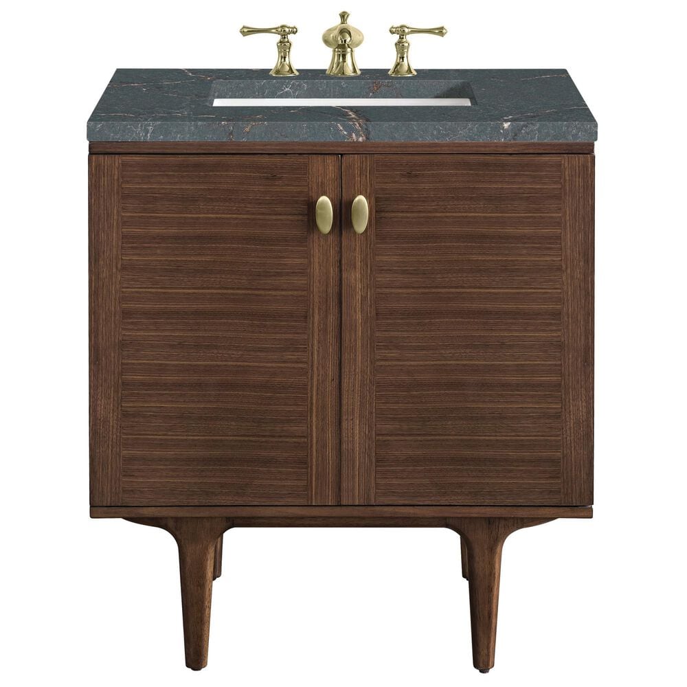 James Martin Vanities Amberly 30&quot; Single Bathroom Vanity in Mid-Century Walnut with 3 cm Parisien Bleu Quartz Top and Rectangular Sink, , large