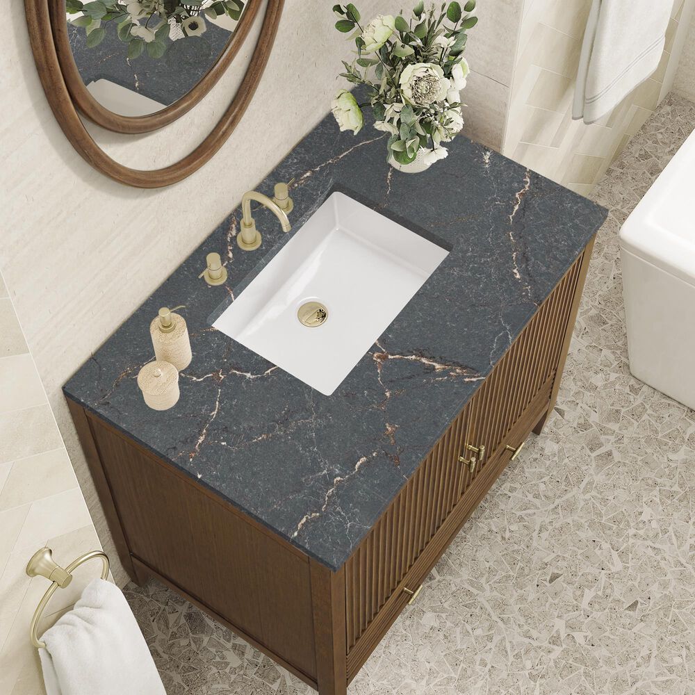 James Martin Vanities Myrrin 36&quot; Vanity in Mid-Century Walnut with 3 cm Parisien Bleu Quartz Top, , large