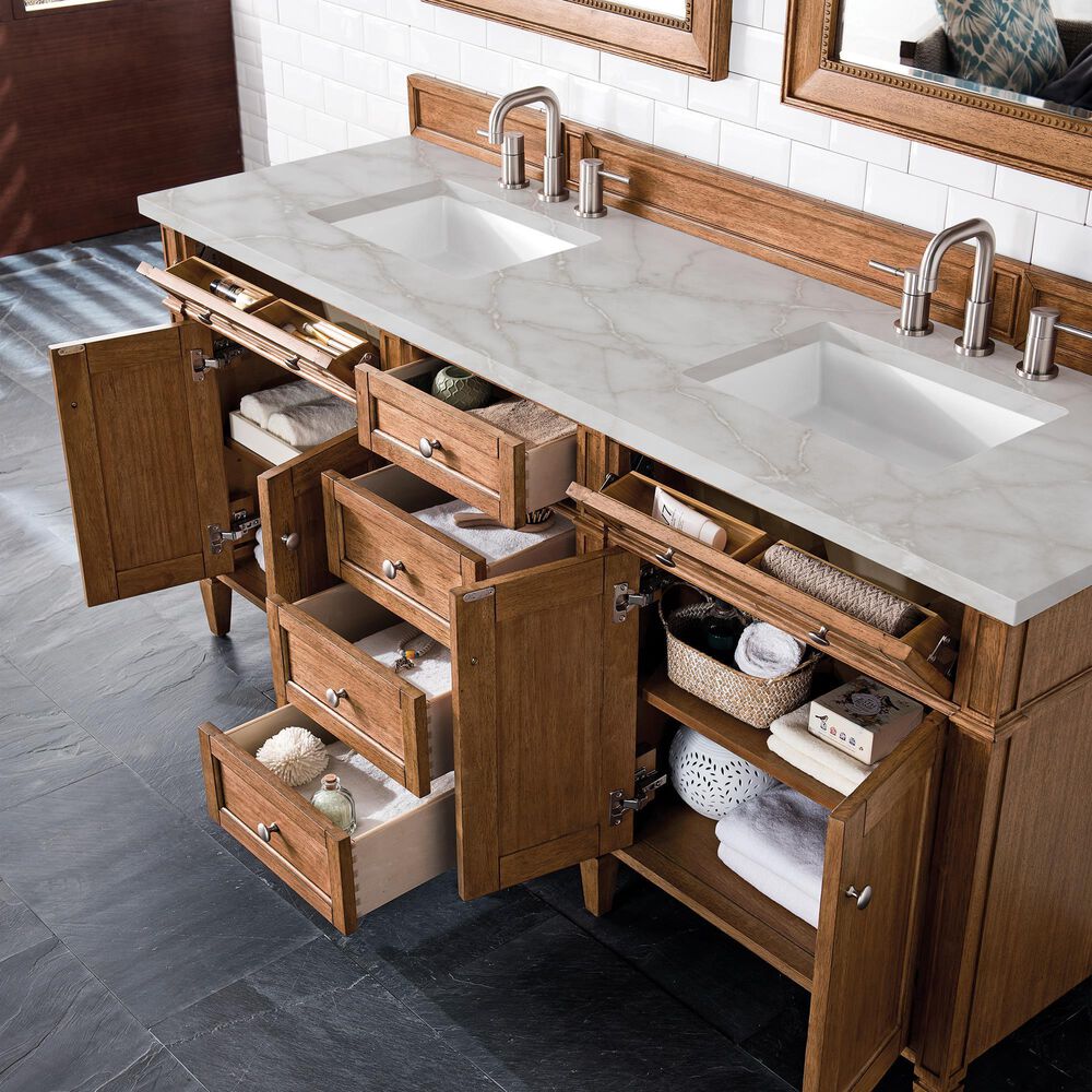 James Martin Vanities Brittany 72" Double Bathroom Vanity in Saddle Brown with 3 cm Eternal Jasmine Pearl Silestone Top, Rectangular Sinks and FreePower Wireless Charger, , large