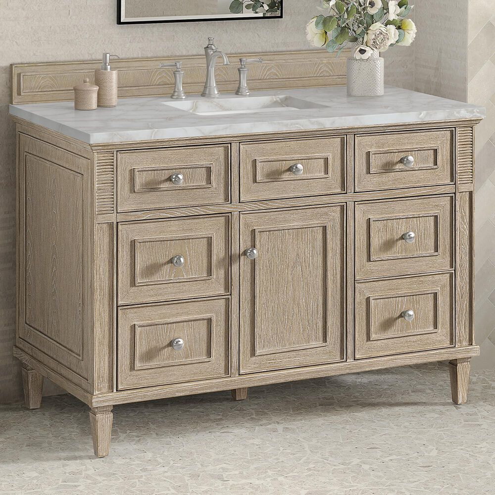 James Martin Vanities Lorelai 48" Single Bathroom Vanity in Whitewashed Oak with 3 cm Eternal Jasmine Pearl Silestone Top, Rectangular Sink and FreePower Wireless Charger, , large