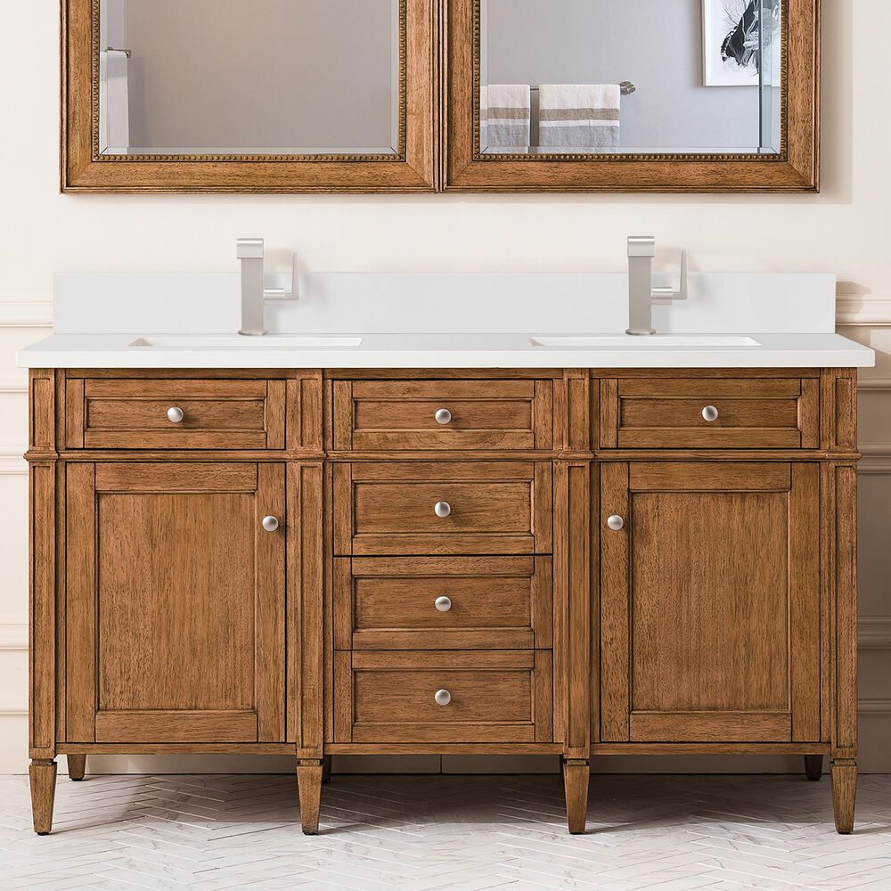 James Martin Vanities Brittany 60&quot; Double Bathroom Vanity in Saddle Brown with 3 cm White Zeus Quartz Top and Rectangular Sinks, , large
