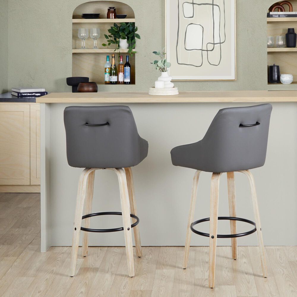 LumiSource Hannah Swivel Bar Stool with Dark Grey Faux Leather Upholstery in Whitewashed and Black (Set of 2), , large