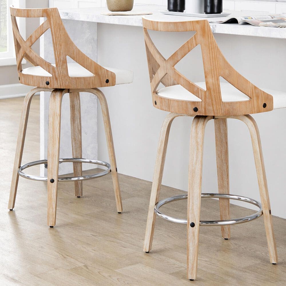 LumiSource Charlotte Swivel Counter Stool with White Faux Leather Upholstery in Whitewashed and Chrome (Set of 2), , large