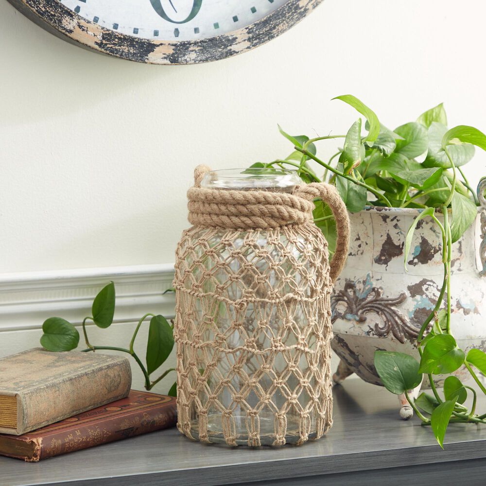 Maple and Jade 12&quot; Decorative Indoor/Outdoor Candle Lantern with Rope Handle in Clear and Brown, , large