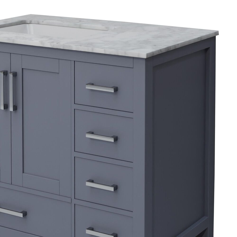 Lexora Home Jacques 36" Left Offset Single Bathroom Vanity in Dark Grey with 2 cm White Carrara Marble Top and Rectangular Sink, , large