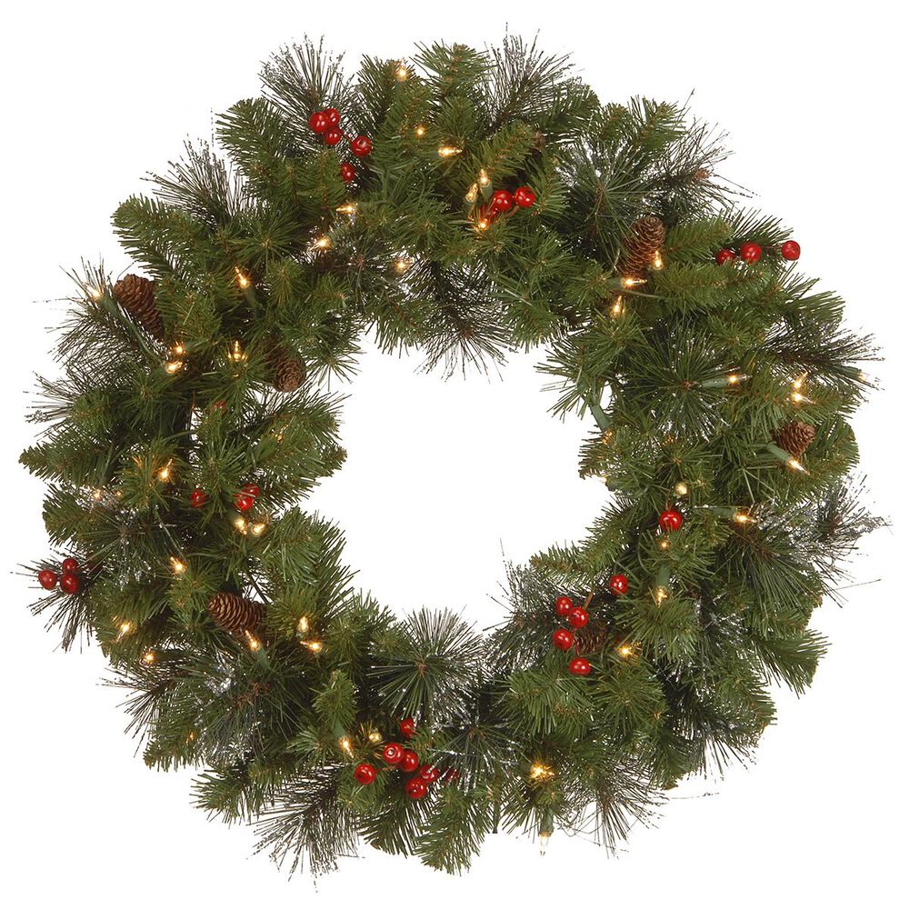National Tree 24" Crestwood Spruce Wreath with Silver Bristle, Cones, Cones, Red Berries and Glitter with 50 White Lights, , large