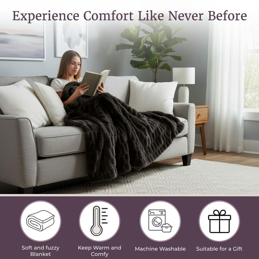 Timberlake 60" x 80" Ruched Faux Fur Throw Blanket in Black, , large