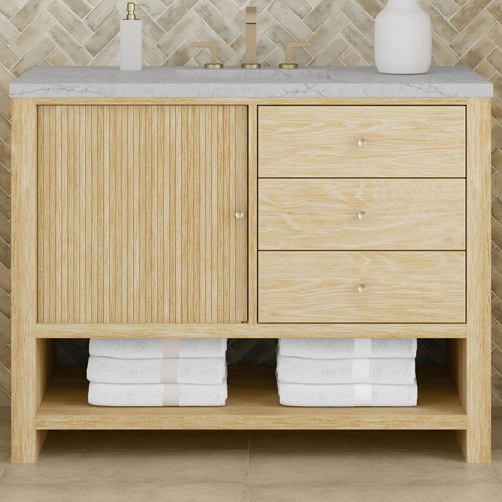 James Martin Vanities Marigot 48" Single Bathroom Vanity in Sunwashed Oak with 3 cm Eternal Jasmine Pearl Quartz Top, Rectangular Sink and FreePower Wireless Charger, , large