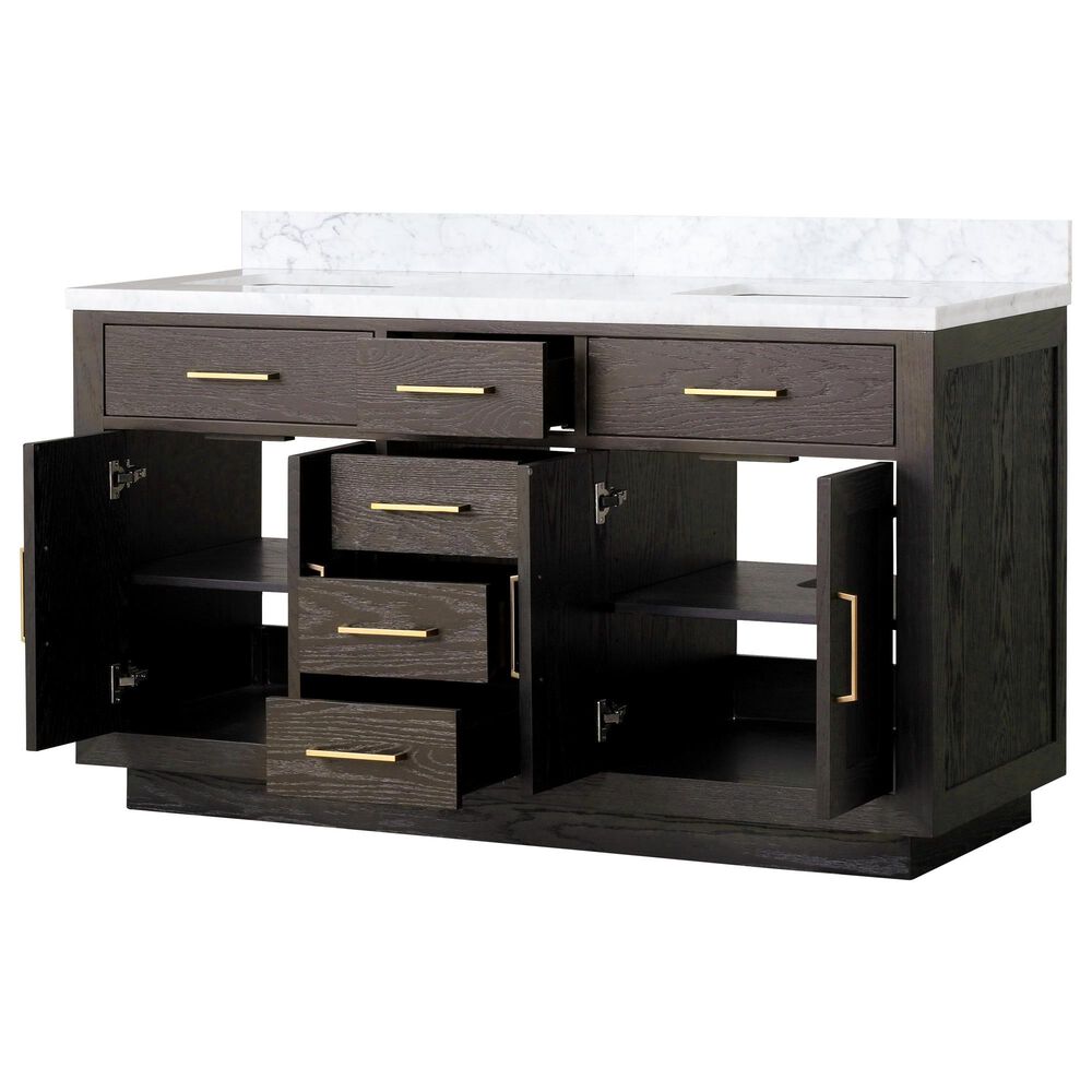 Lexora Home Abbey 60&quot; Double Bathroom Vanity in Brown Oak with 2 cm White Carrara Marble Top and Rectangular Sinks, , large
