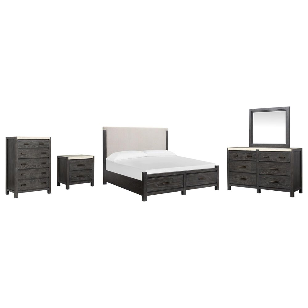 Nicolette Home Plum Creek 5 Piece King Upholstered Storage Bedroom Set in Ravenwood Black, , large