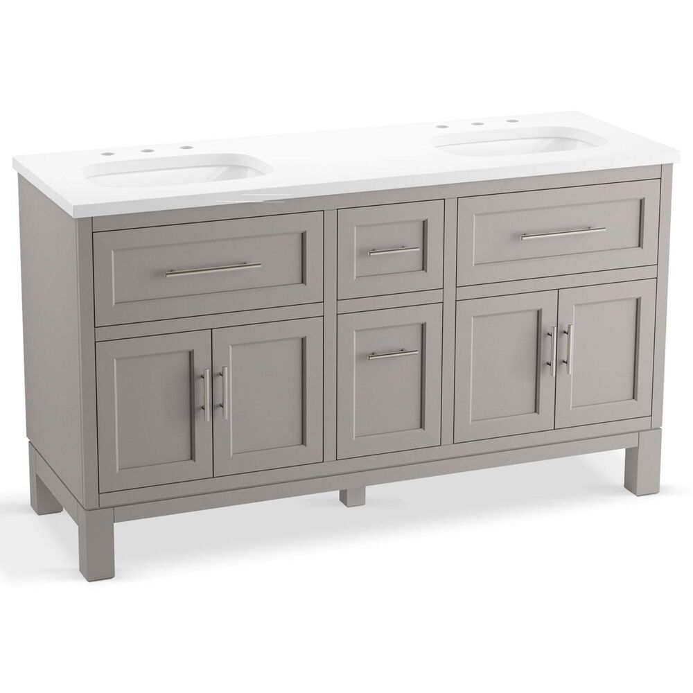 Kohler Quo 60" Double Bathroom Vanity in White with 3 cm Pure White Quartz Top and Oval Sinks, , large