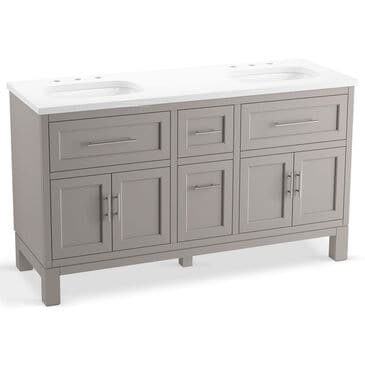 Kohler Quo 60" Double Bathroom Vanity in White with 3 cm Pure White Quartz Top and Oval Sinks, , large