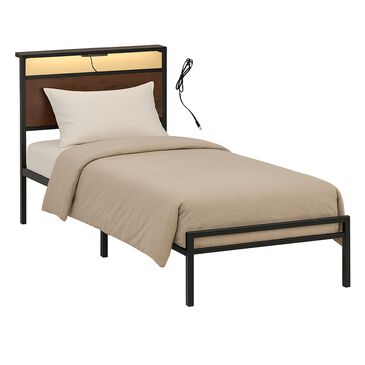 HOMLUX Twin Platform Bed with LED Headboard and Charging Station in Rustic Brown, , large