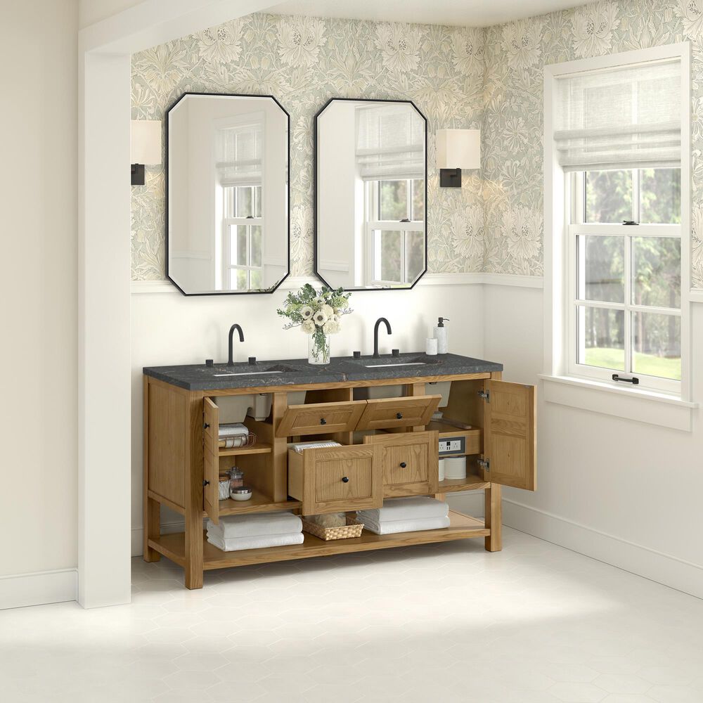 James Martin Vanities Breckenridge 60&quot; Double Bathroom Vanity in Light Natural Oak with 3 cm Parisien Bleu Quartz Top and Rectangular Sinks, , large