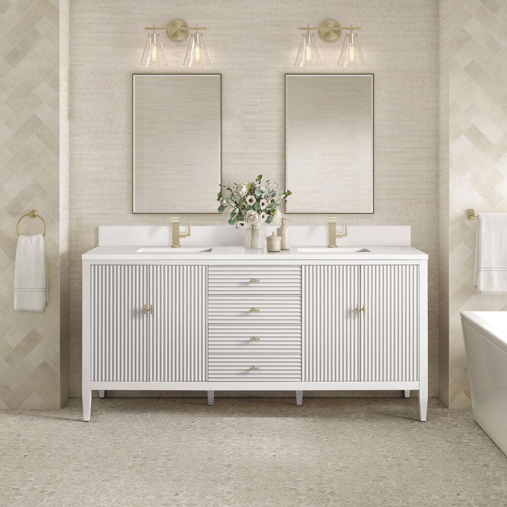 James Martin Vanities Myrrin 72" Vanity in Bright White with Single Hole 3 cm White Zeus Quartz Top &amp; Backsplash, , large