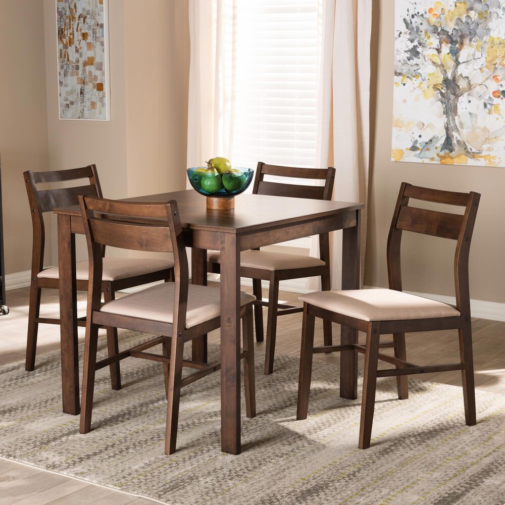Baxton Studio Lovy 5-Piece Square Dining Set with Beige Fabric in Dark Walnut, , large