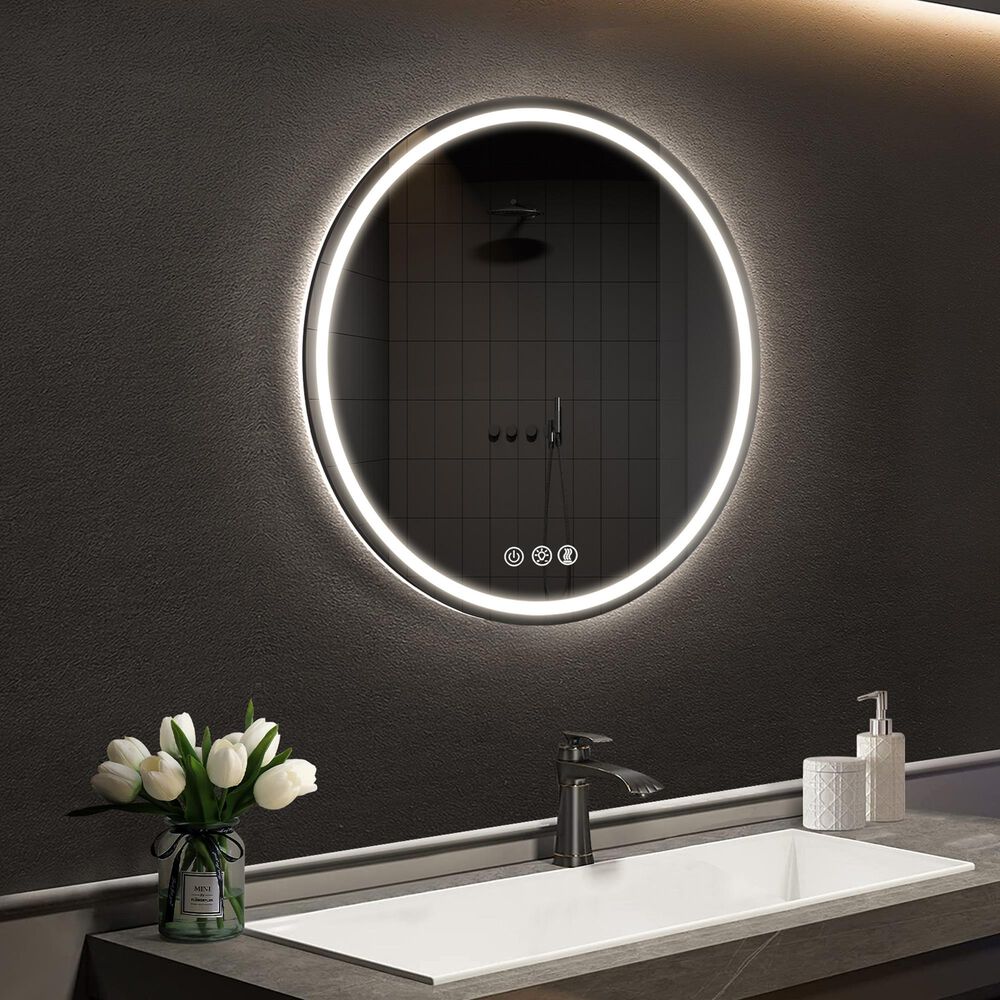HOMLUX 32" Round LED Bathroom Makeup Mirror in Silver, , large
