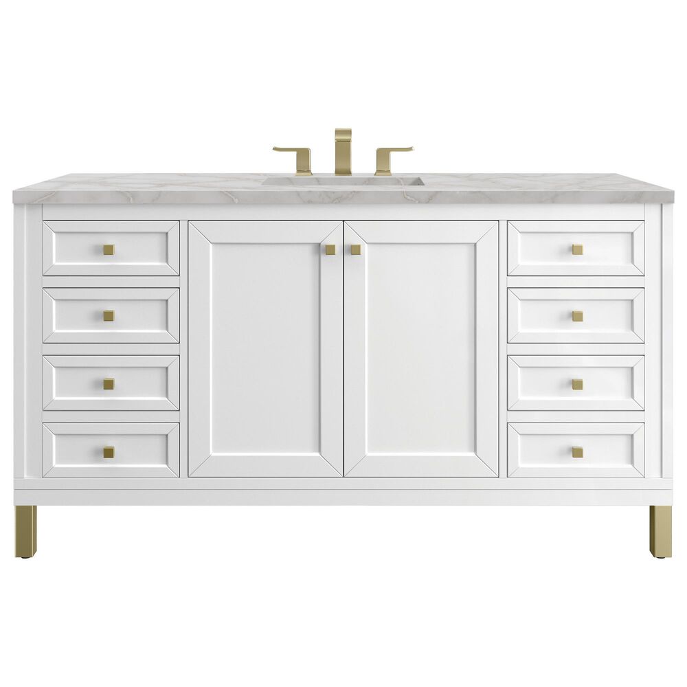 James Martin Vanities Chicago 60&quot; Single Bathroom Vanity in Glossy White with 3 cm Victorian Silver Quartz Top and Rectangular Sink, , large