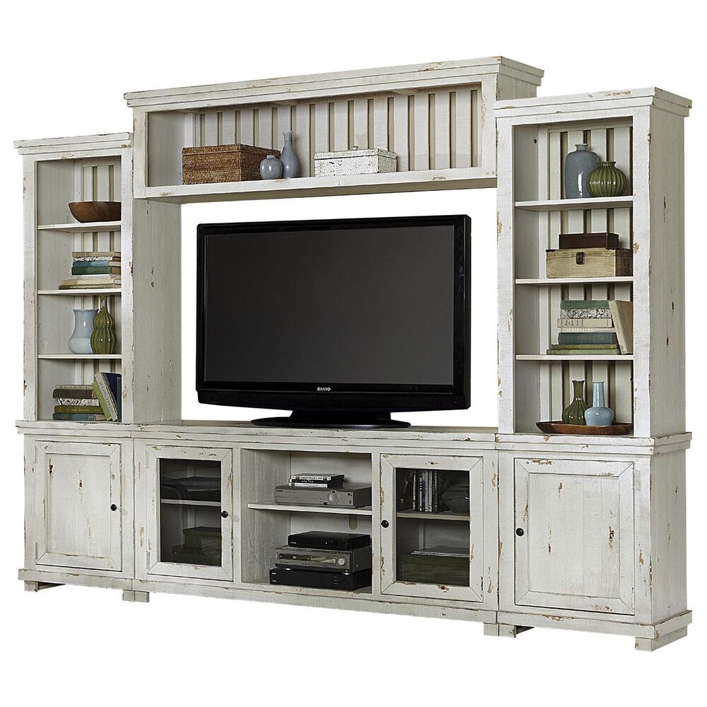 Hickory Point Willow 4Piece Entertainment Center in Distressed White