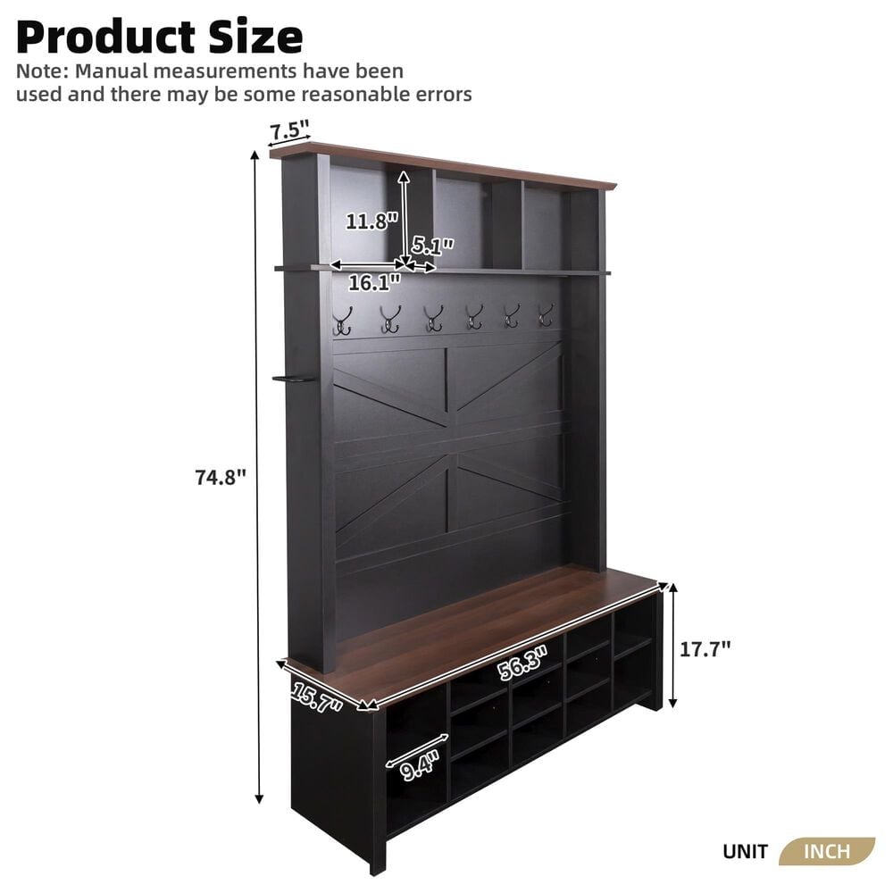 HOMLUX 6-Hook Hall Tree with 16-Compartment in Black and Walnut, , large