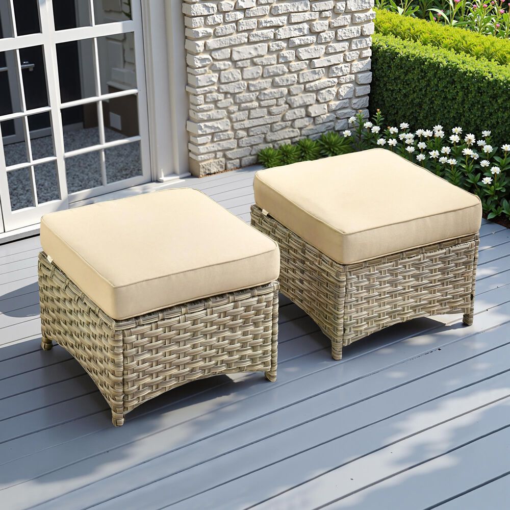 HOMLUX 2-Piece Outdoor Wicker Ottoman Set with Cushion in Beige, , large