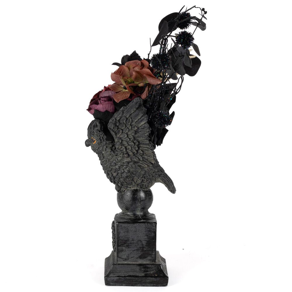 The Gerson Company 20&quot;H Resin Halloween Owl with Floral Arrangement in Black, , large
