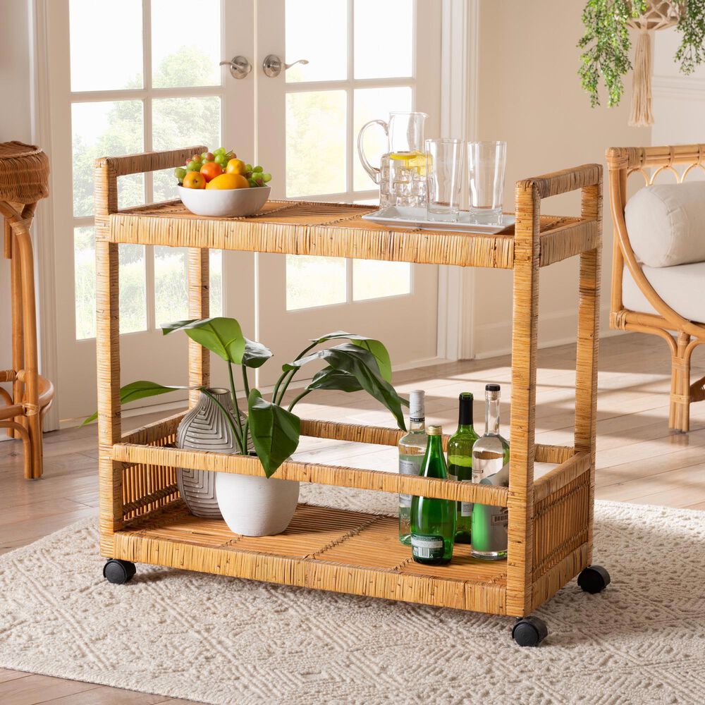 Baxton Studio Genet 2-Tier Kitchen Cart in Natural Brown, , large