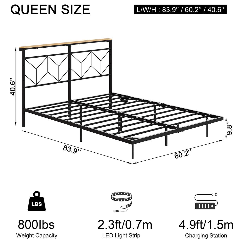 HOMLUX Queen Floating Bed Frame with LED Headboard and Charging Station in Black, , large