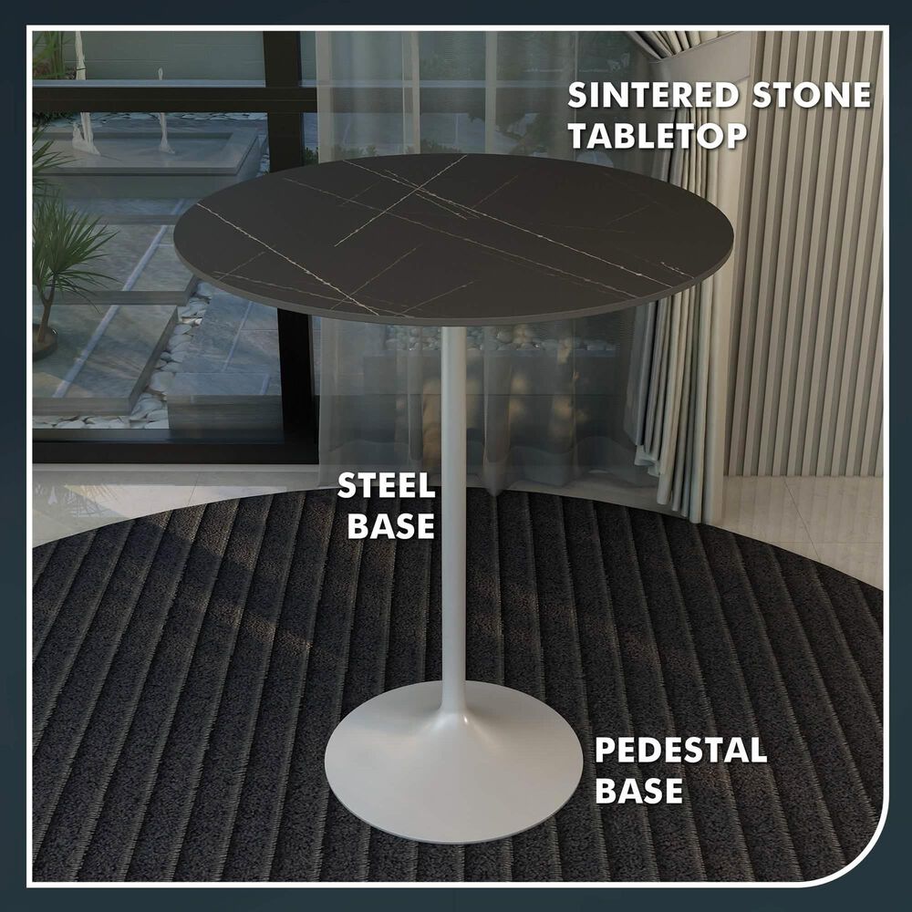 Leisuremod LeisureMod Verve Collection Modern Bar Height Table White Base with 36 Round Black Marbelized Sintered Stone Top, , large