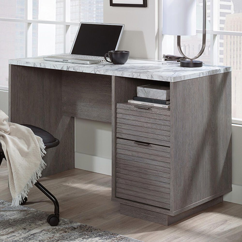 Sauder East Rock Single Pedestal Desk in Ashen Oak and White, , large