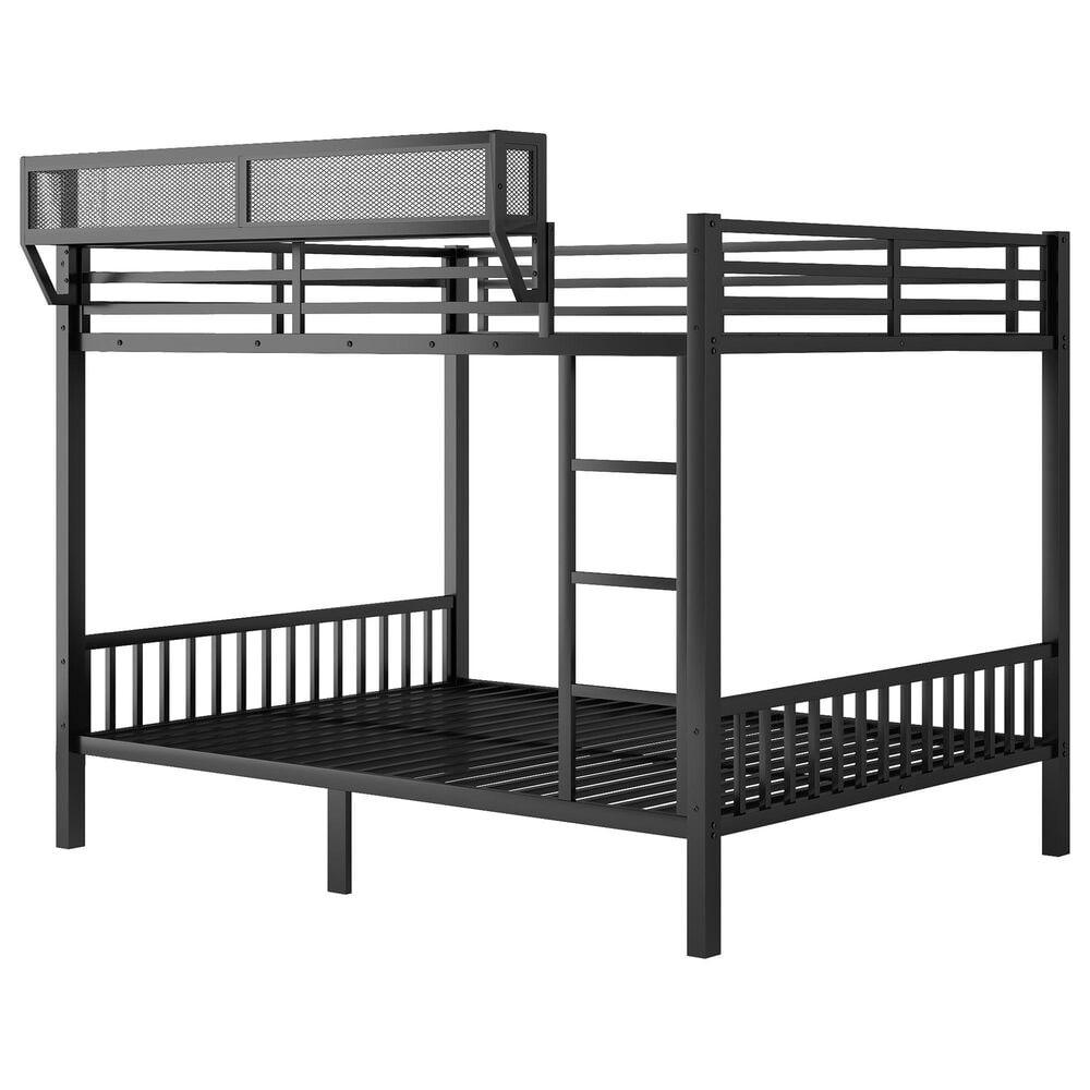 Hearth and Haven Queen over Queen Bunk Bed with Ladder and Storage Shelf in Black, , large