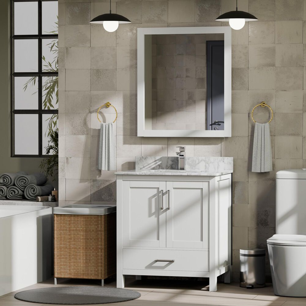 Lexora Home Jacques 30" Single Bathroom Vanity in White with 2 cm White Carrara Marble Top and Rectangular Sink, , large