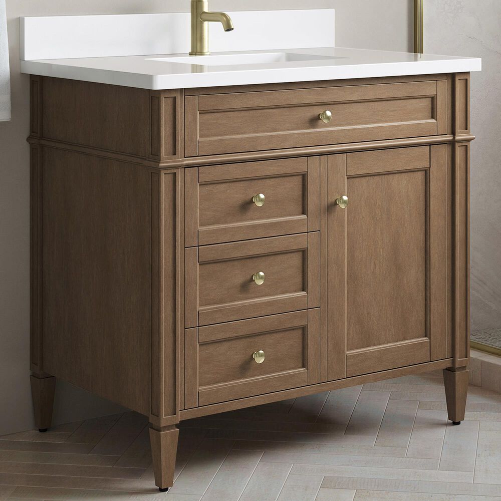 James Martin Brittany 36" Single Bathroom Vanity in Pecan with Single Hole 3 cm White Zeus Silestone Top and Rectangular Sink, , large