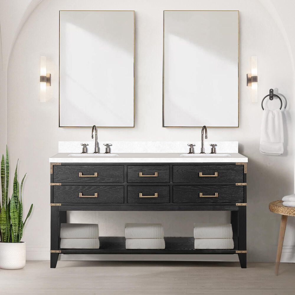 Lexora Home Norwalk 60&quot; Double Bathroom Vanity in Black Oak with White Cultured Marble Top  and Rectangle Sink, , large