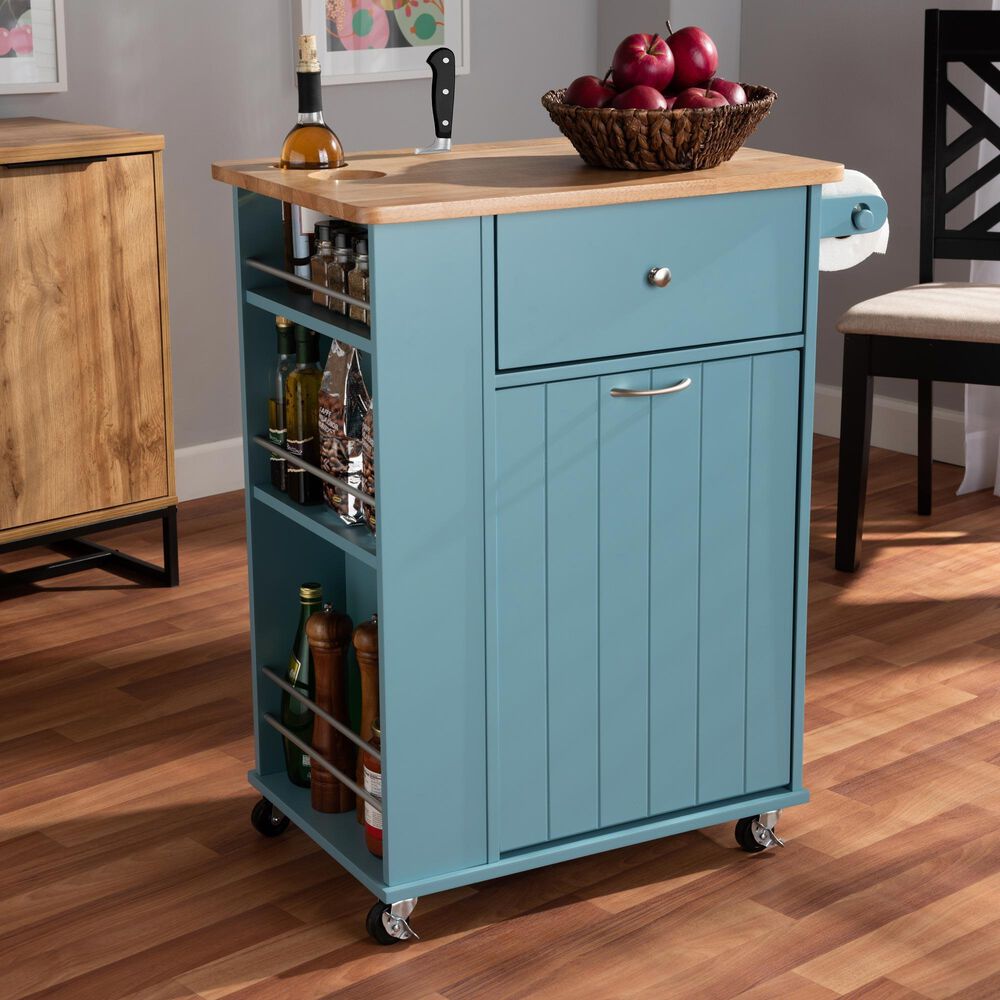 Baxton Studio Liona Kitchen Storage Cart in Sky Blue and Natural, , large