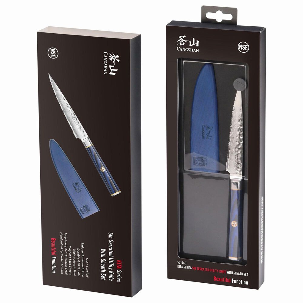 Cangshan Kita 5&quot; Serrated Utility Knife with Sheath in Blue, Black and Silver, , large