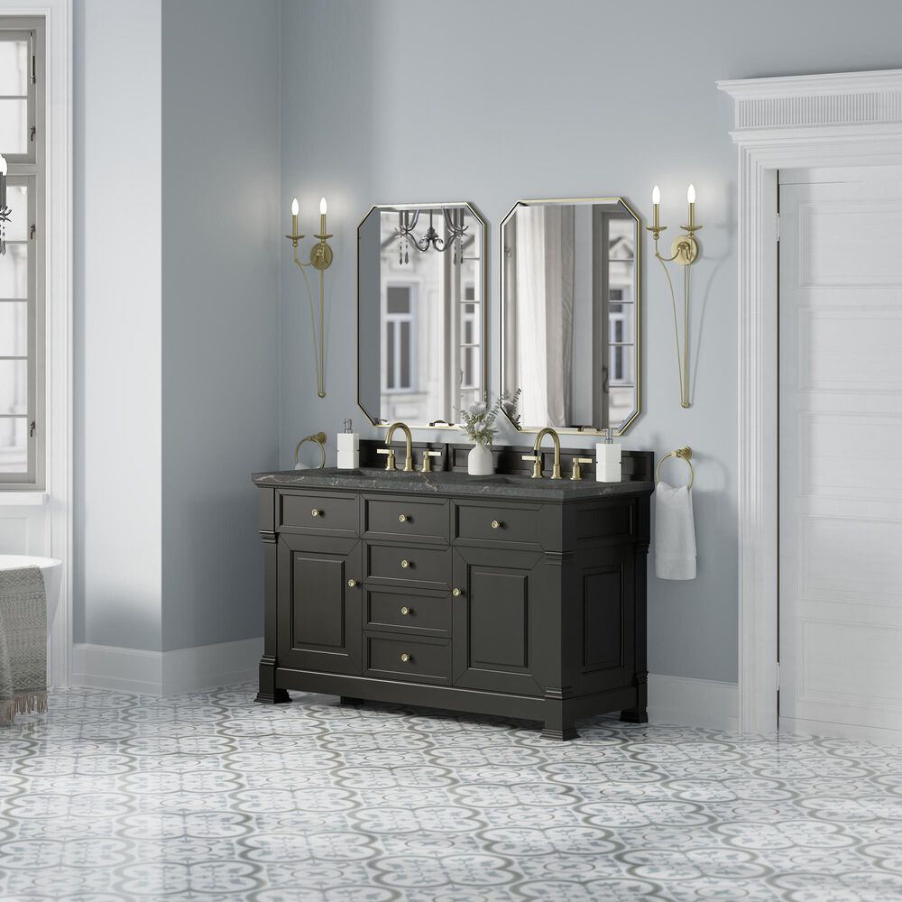 James Martin Vanities Brookfield 60&quot; Double Bathroom Vanity in Black Onyx with 3 cm Parisien Bleu Quartz Top and Rectangular Sinks, , large