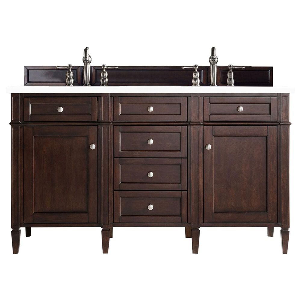 James Martin Vanities Brittany 60" Double Bathroom Vanity in Burnished Mahogany with 3 cm White Zeus Quartz Top and Rectangular Sinks, , large