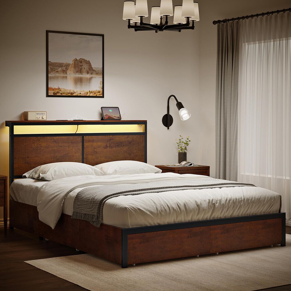 HOMLUX 4-Drawer Queen Storage Bed with LED Headboard in Rustic Brown, , large