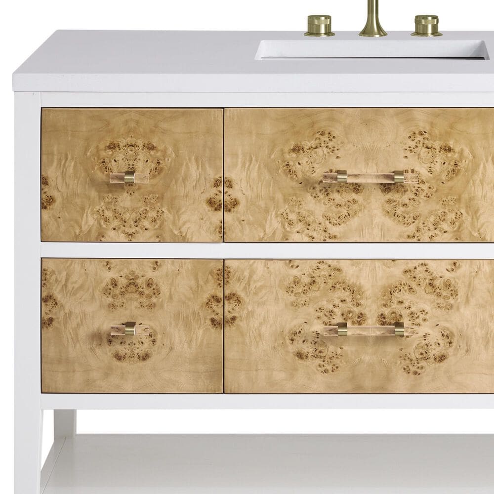 James Martin Vanities Olena 48&quot; Single Vanity in Light Mappa Burl and Polished White with 3 cm White Zeus Quartz Top, , large