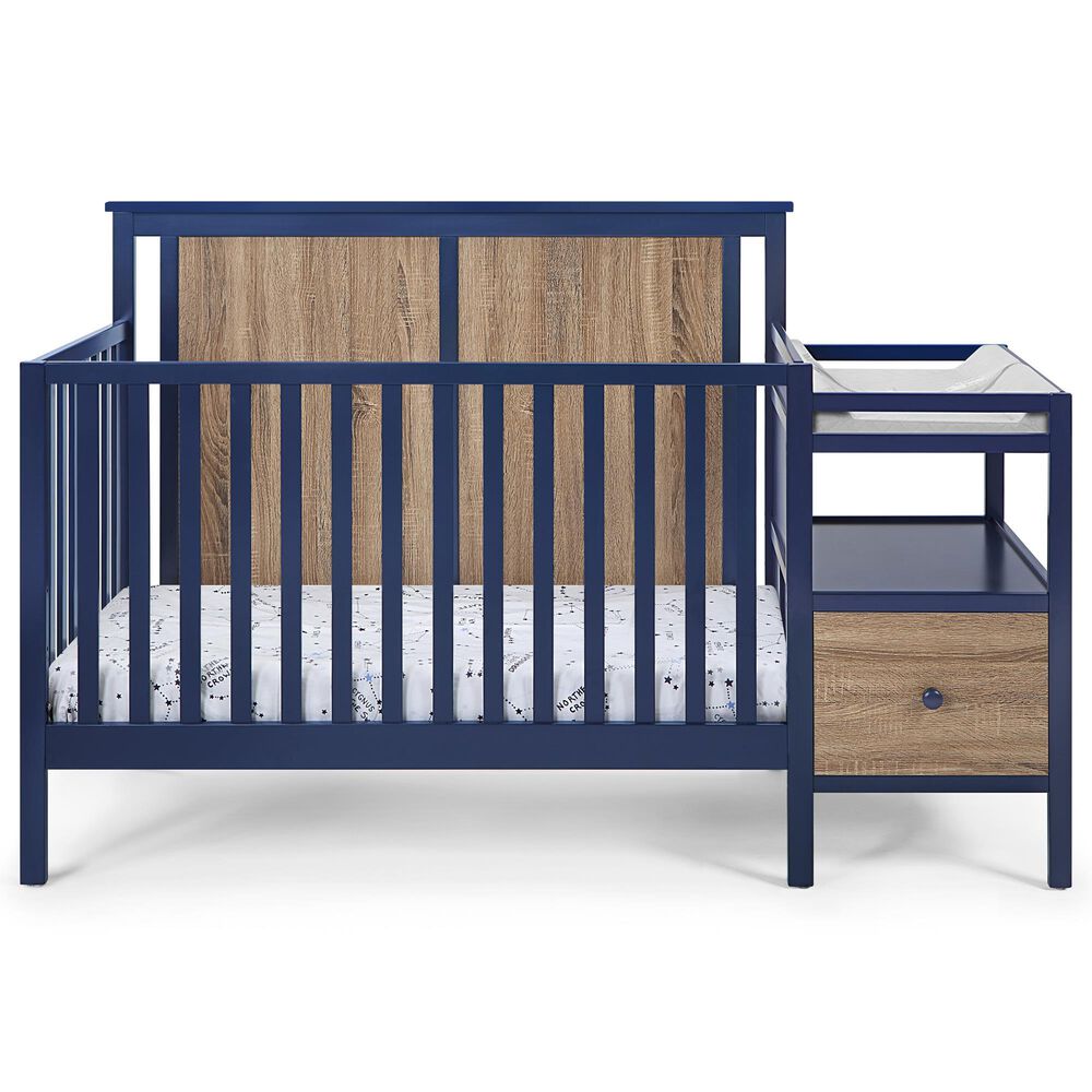 Hearth and Haven Connelly 4-In-1 Convertible Crib with Changer Combo in Midnight Blue and Vintage Walnut, , large