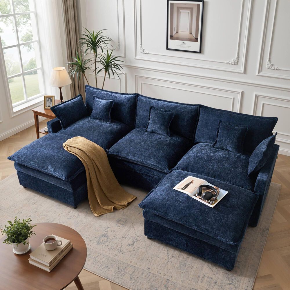 HOMLUX 107.87" Ultra-Comfort Chenille Sectional Sofa Set in Dark Blue, , large