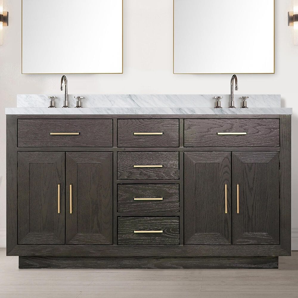 Lexora Home Abbey 60&quot; Double Bathroom Vanity in Brown Oak with 2 cm White Carrara Marble Top and Rectangular Sinks, , large