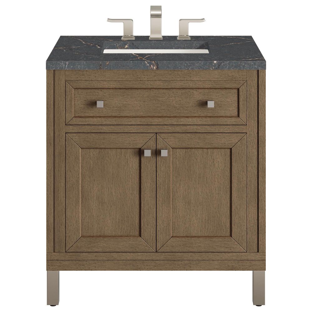 James Martin Vanities Chicago 30&quot; Single Bathroom Vanity in Whitewashed Walnut with 3 cm Parisien Bleu Quartz Top and Rectangular Sink, , large