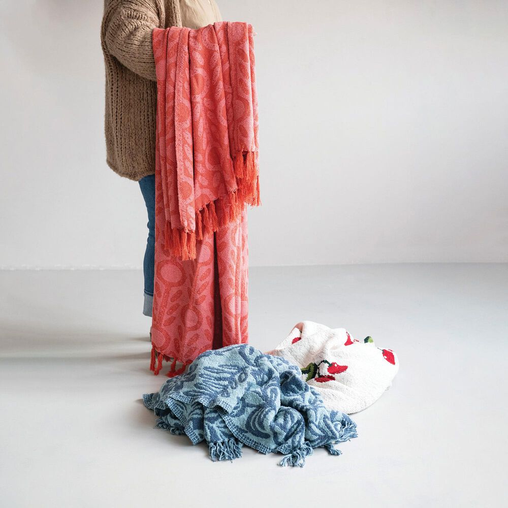 Creative Coop Happy House Woven Recycled Cotton Blend Throw in Blue and Light Blue, , large