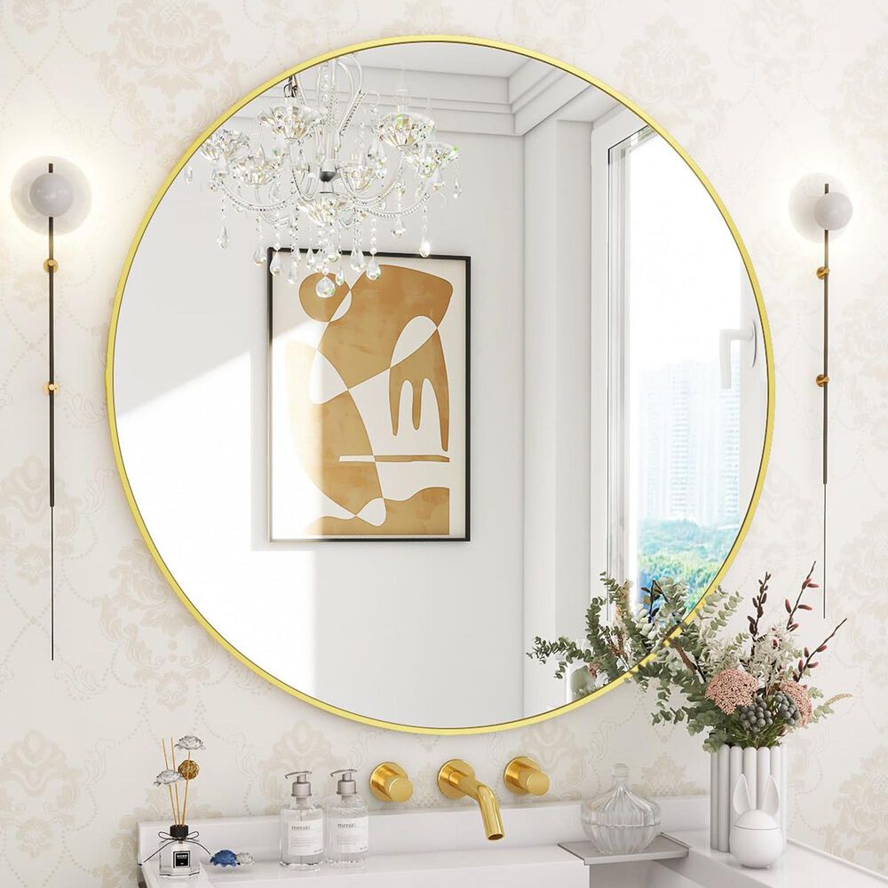 HOMLUX 30" Round Wall Mirror in Gold, , large