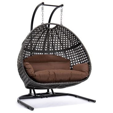 Leisuremod 57.5" Patio Double Hanging Egg Swing Chair with Dark Brown Cushion in Charcoal, , large