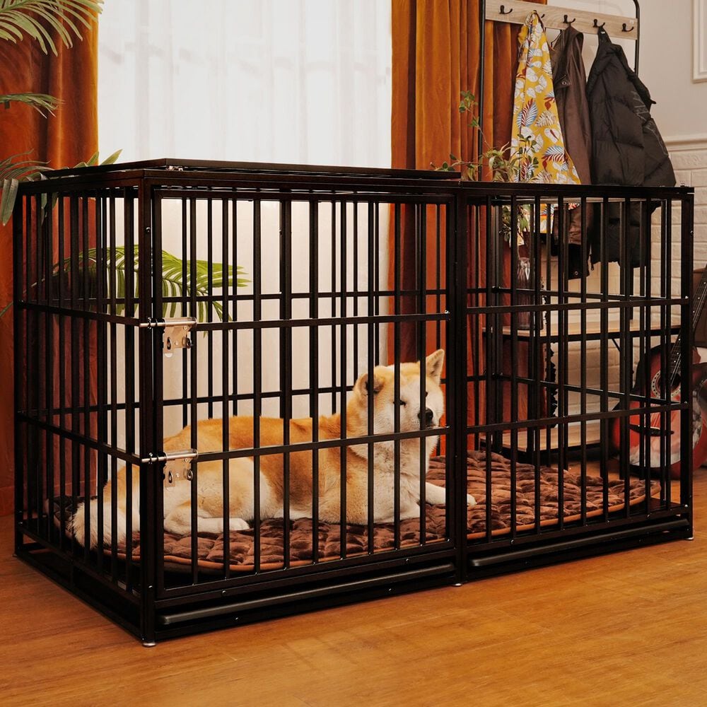 HOMLUX 61" Extra Large Heavy Duty Metal Dog Crate for Large Dogs in Black, , large