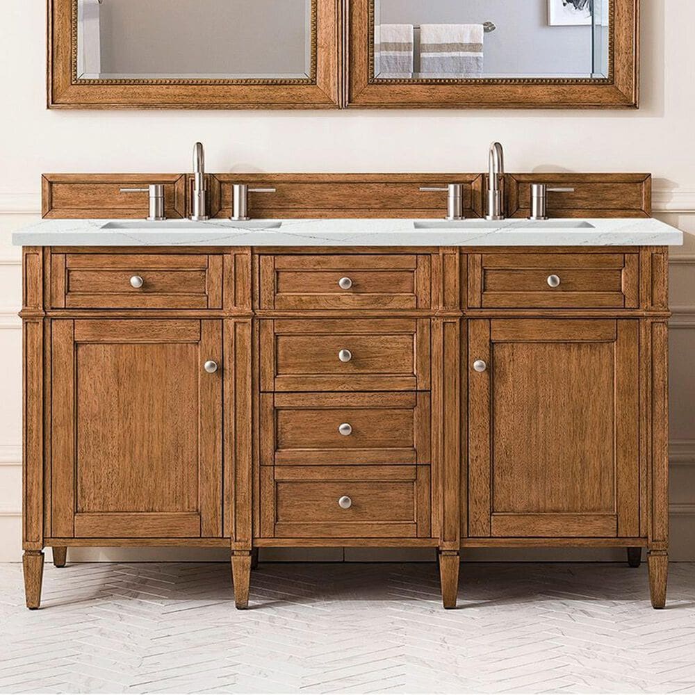 James Martin Vanities Brittany 60&quot; Double Bathroom Vanity in Saddle Brown with 3 cm Ethereal Noctis Quartz Top and Rectangular Sinks, , large